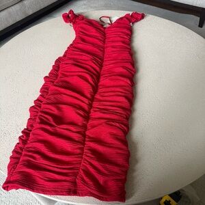 Ruched Red Midi Dress with V-Neck and Adjustable Straps